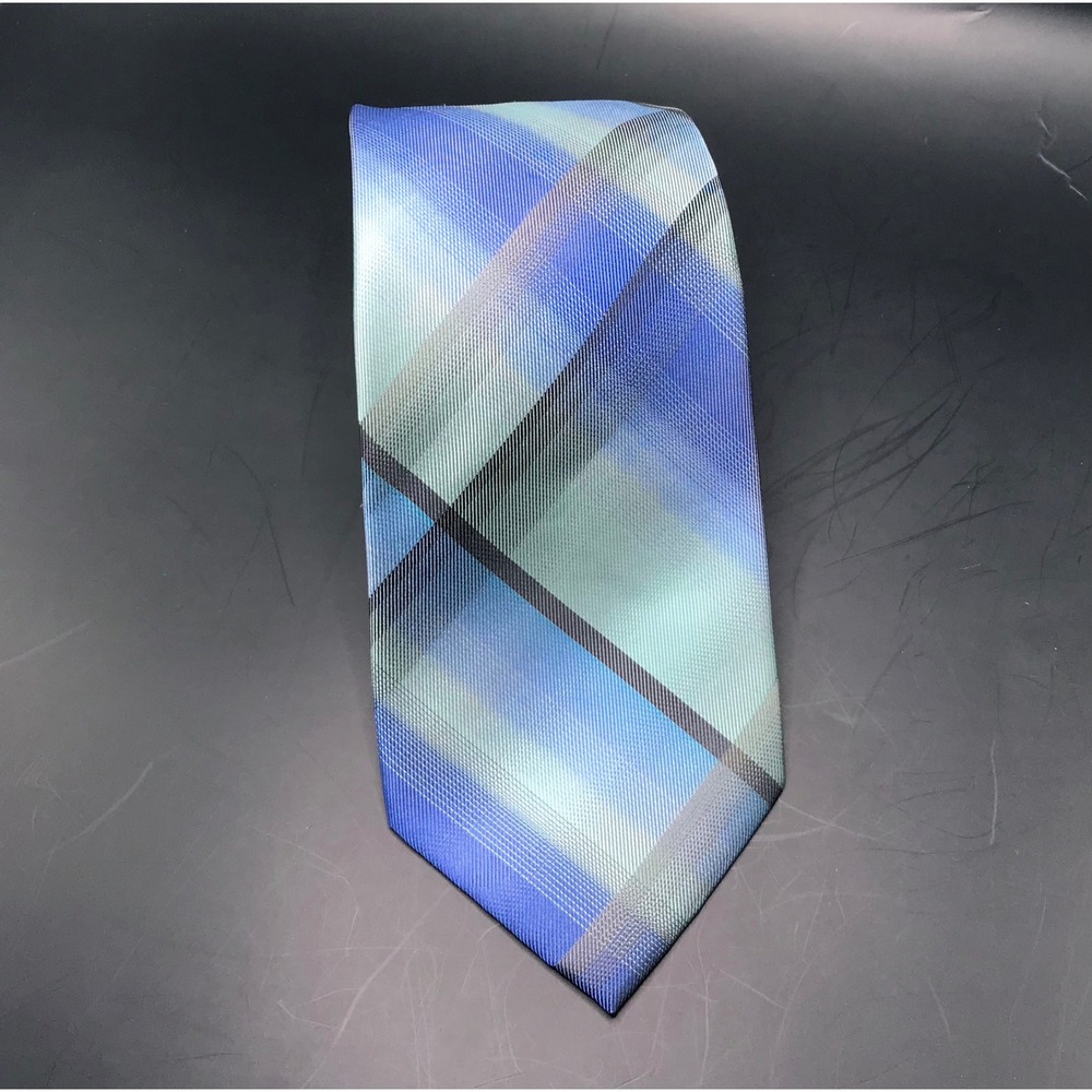 Van Heusen Mens Tie Blue Teal Plaid 100% Silk Necktie Classic Business Formal